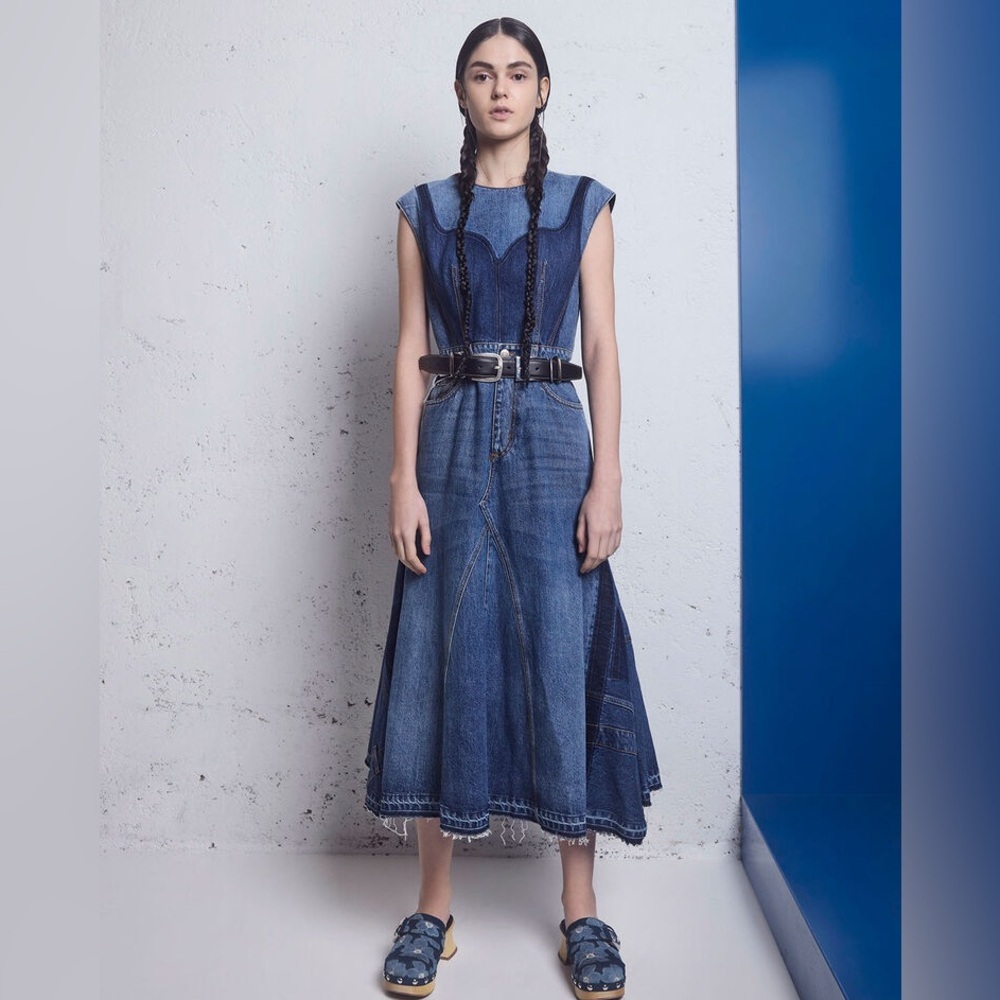 Alexander McQueen 2021 Runway Washed Denim Shadow Bodice Midi Dress sz 44 US 8